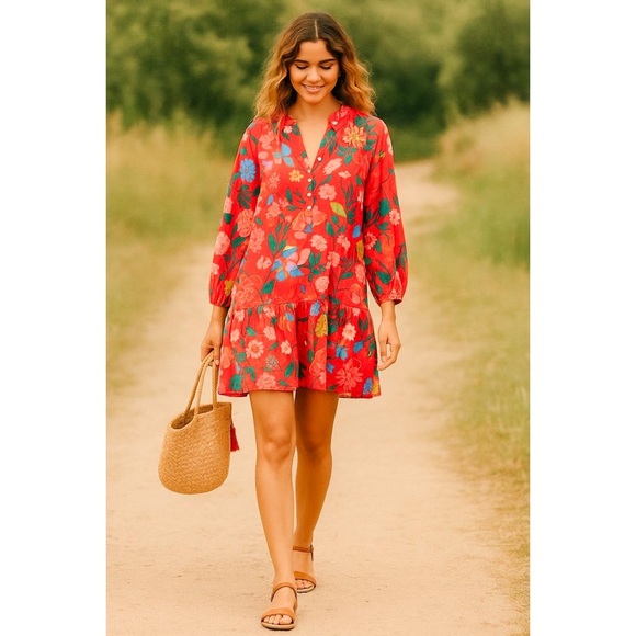 J. Crew Dresses & Skirts - J Crew Floral Cotton Swing Dress Red Boho Tiered Womens M Resort Vacation Chic